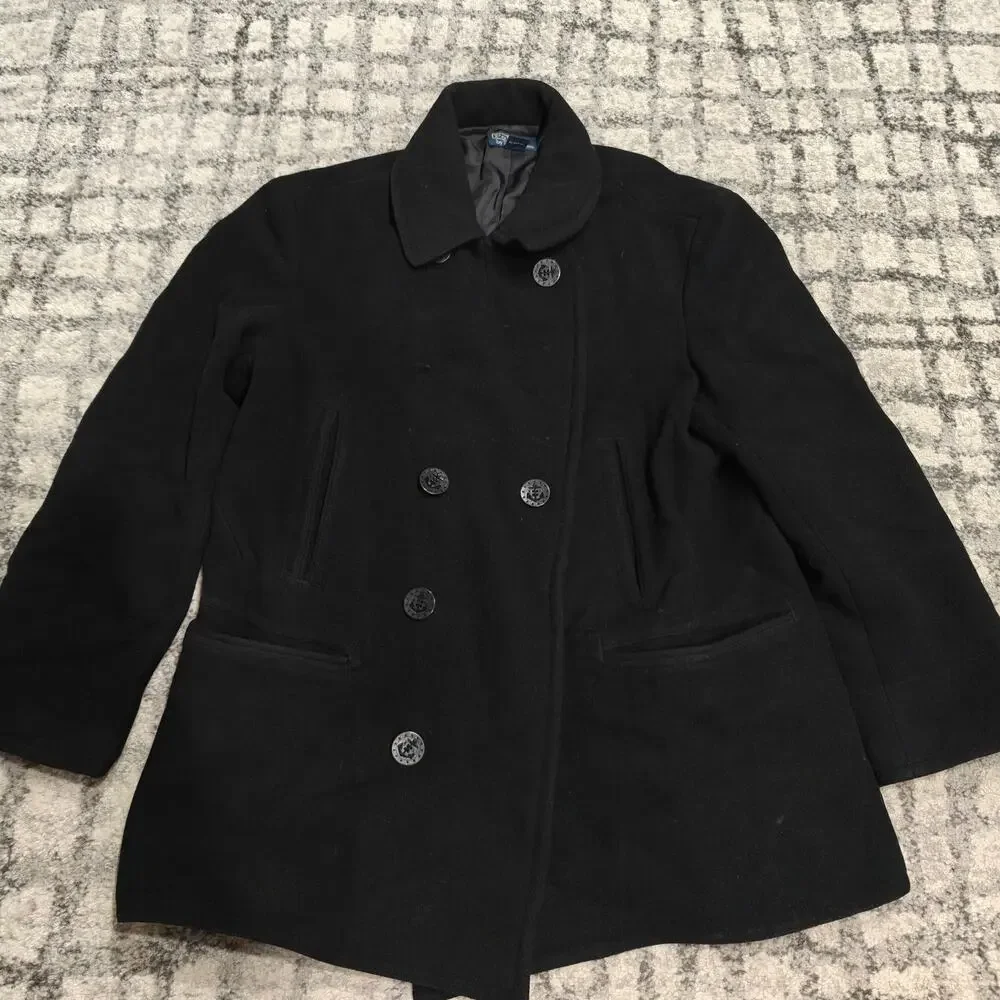 Vintage Polo Ralph Lauren Wool Peacoat Men XXL Heavy Black Anchor Button Jacket